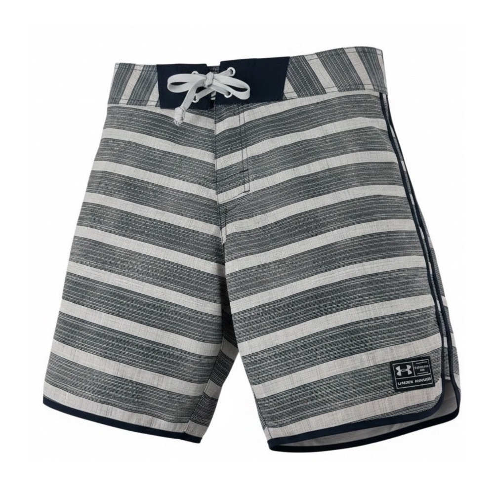Under Armour HeatGear Mens Striped Board Shorts Grey White Swim Trunks Size 34